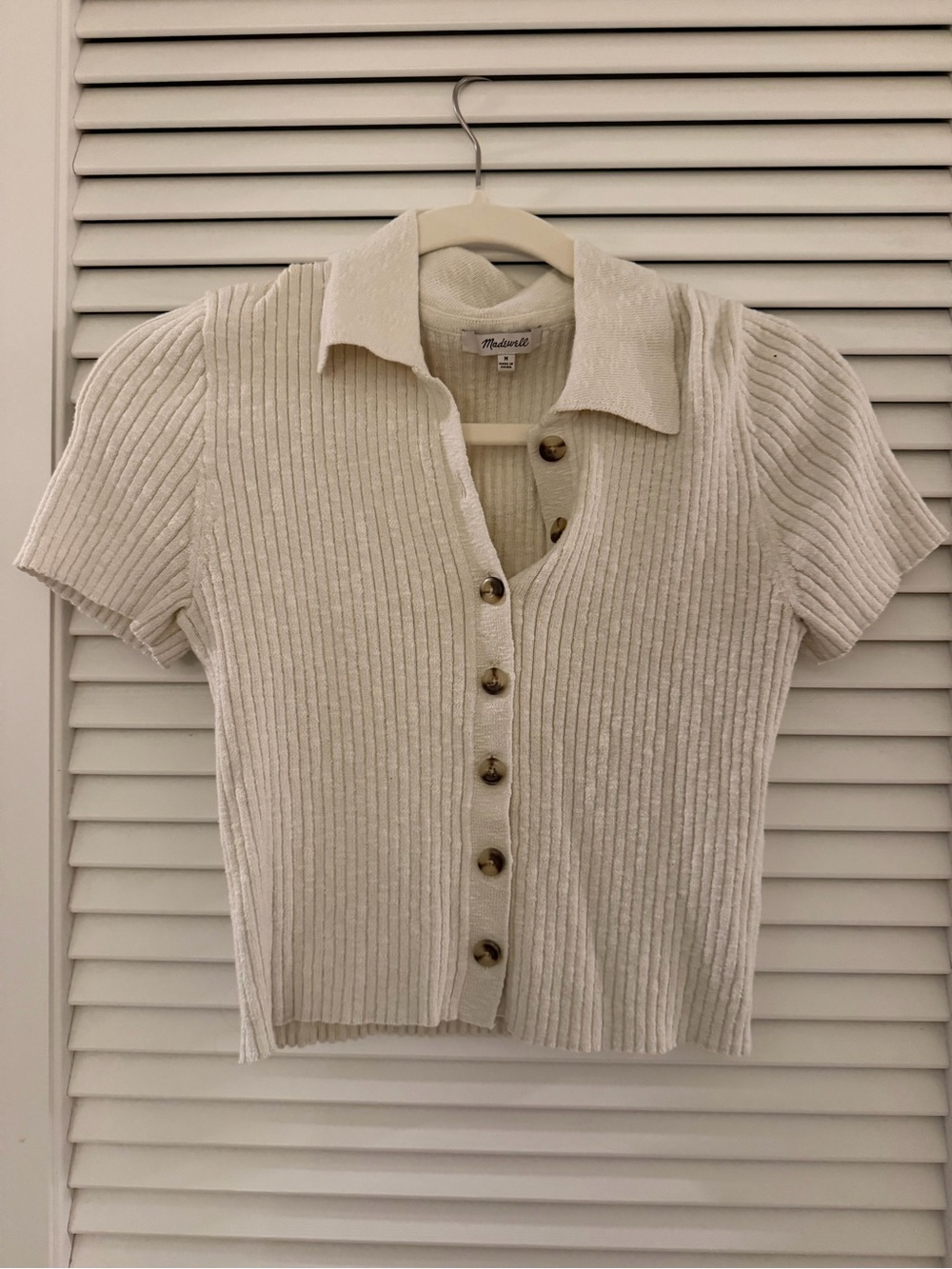 Madewell Cream Short-Sleeve Ribbed Button-Front Top
